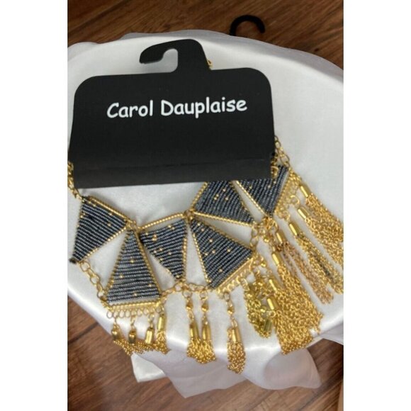Carol Dauplaise Gold-Tone Navy Triangle Seed Beaded Tassel Statement Necklace - Picture 5 of 5